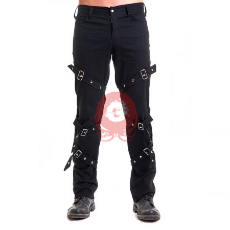 Black cotton straight fit male pants military punk goth Buckle Black cotton straight fit male pants military punk goth Buckle